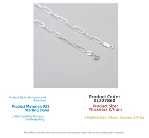 Macro shot of S925 sterling silver chain necklace showing 45cm length and 3.7mm width details