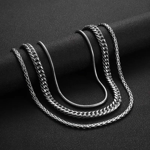 Ensemble de trois colliers en acier inoxydable argenté avec mailles serpent et cubaines