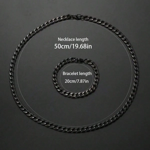 Matte black stainless steel curb chain necklace and bracelet jewelry set for men