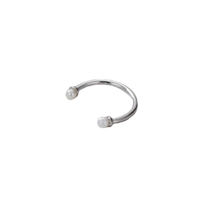 Polished silver horseshoe ring with white pearls on ends, minimalist C-shaped design