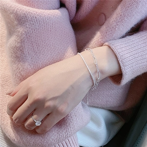 Sparkling S925 sterling silver double layer bracelet and solitaire ring set for women