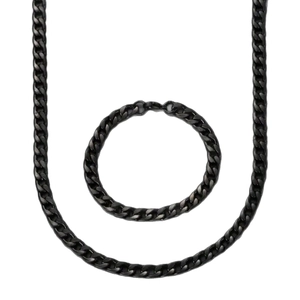 Matte black stainless steel curb chain necklace and bracelet jewelry set for men