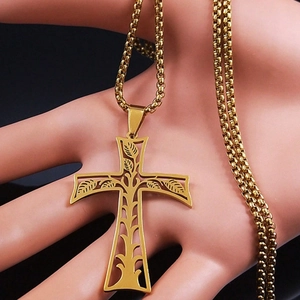 Collana Con Pendente a Croce Cava in Acciaio Inossidabile Modello Albero Della Vita Gioielli Religiosi Vintage Galvanizzati per Uomo Donna