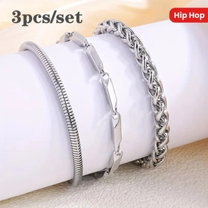 Ensemble de 3 Bracelets en Acier Inoxydable pour Femmes Hip Hop Argent Chaîne Serpent Géométrique Bijoux de Mode