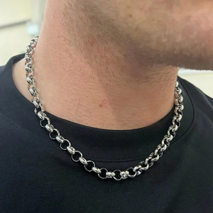 Mens thick stainless steel rolo chain necklace with chunky punk style round links