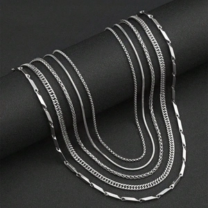 5-piece men's stainless steel necklace set featuring curb, box, and snake chain styles