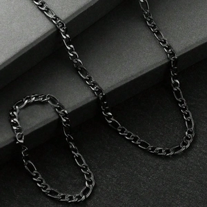 Matte black Figaro chain necklace and bracelet set in stainless steel for men and women