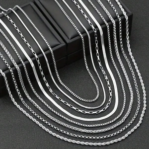Assorted silver stainless steel chain necklaces including curb, snake and link styles