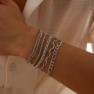 Stainless Steel Figaro Cuban Wheat Chain Layered Bracelet Anklet Minimalist Silver Color Beach Fashion Jewelry For Women Men