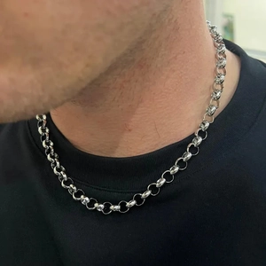 Mens Hip Hop Chunky Stainless Steel Rolo Chain Necklace Artificial Pearl Accent Silver Color Thick O-Chain Streetwear Jewelry