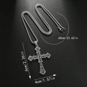 Detail view of vintage steel cross pendant showing 6cm height and 60cm chain length