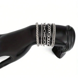 Set of five silver stainless steel bracelets featuring various chain styles on a black model