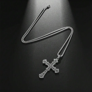 Vintage gothic titanium steel cross pendant necklace with engraved scroll pattern