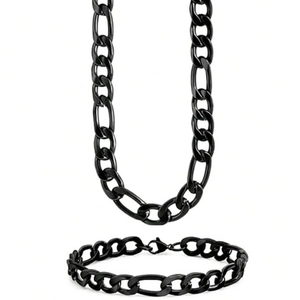 Black stainless steel Figaro chain necklace and bracelet set with glossy finish