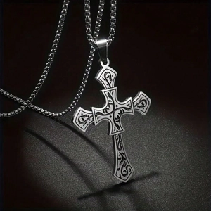 Retro titanium steel cross pendant necklace with vintage gothic celtic engraving