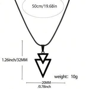Men's matte black stainless steel geometric triangle pendant necklace with dimensions