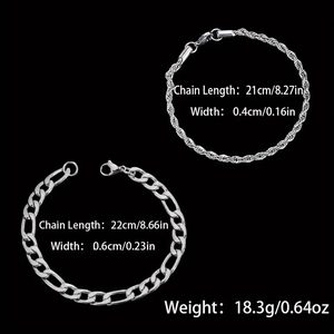 Detail view of silver stainless steel rope and figaro chain bracelets with size measurements