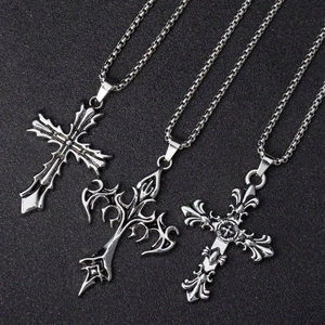 Collier Pendentif Croix en Acier Titane Vintage pour Hommes Femmes Gothique Punk Hip Hop Fini Vieilli Bijoux Cadeau