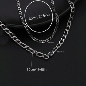Detailed size chart for silver Figaro chain showing 5mm and 7.6mm widths in stainless steel
