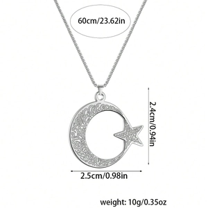 Detailed view of silver star and moon pendant with size dimensions and chain length