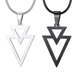 Men's geometric triangle pendant necklaces in silver and matte black stainless steel