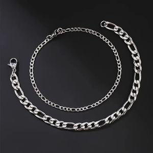 Detail of silver Figaro stainless steel chain bracelets set with secure lobster clasps
