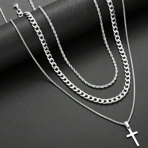 Ensemble en acier argenté avec maille cubaine, chaîne corde et pendentif croix
