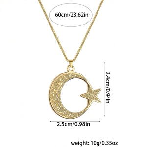 Detailed size map of gold crescent moon and star pendant necklace with 60cm chain length