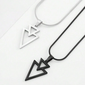 Men's geometric triangle pendant necklace set in silver and black stainless steel