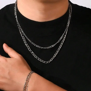 Stainless Steel Figaro Chain Necklace Bracelet Set For Men Women Silver Hip Hop Layered Cuban Link Chain Jewelry Accessory
