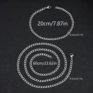 Detailed view of silver stainless steel curb chain necklace and bracelet with dimensions