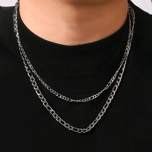 Men's double layered silver Cuban and Figaro chain necklace in durable titanium steel