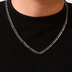 Detail of silver Figaro chain necklace showing interlocking metal links on black shirt