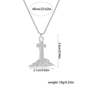 Detail of silver stainless steel Calvary cross pendant with precise dimensions measurement