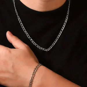 Silver Figaro chain necklace and bracelet set in stainless steel for a hip hop style look
