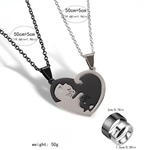Ensemble collier et bague cœur chat puzzle en acier inoxydable noir et argenté