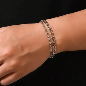 Men's silver double layered cuban chain necklace in premium stainless steel finish