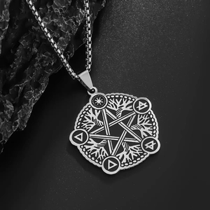 Vintage stainless steel pentagram and tree of life hollow pendant with box chain