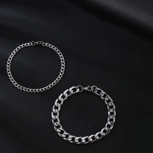 Men's minimalist stainless steel Cuban link bracelet set in silver tone, 4mm and 8mm