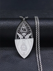Detail view of stainless steel Ordo Templi Orientis pendant with Eye of Providence engraving