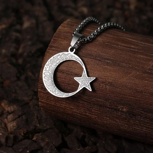 S925 Silver Star and Moon pendant necklace with Islamic Arabic calligraphy engraving