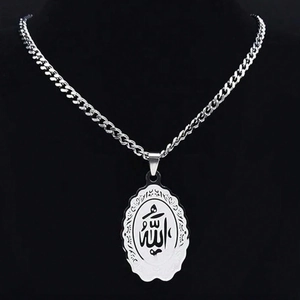 Silver Saint Anthony religious oval pendant necklace with Arabic calligraphy on black model