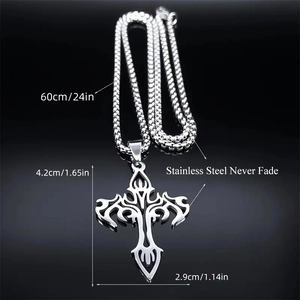Close-up of gothic stainless steel cross pendant with hollow flame patterns and sizing