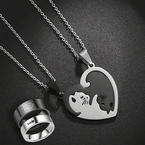 Parure de Collier en Acier Inoxydable avec Épissure de Cœur de Chat pour Couples Meilleurs Amis Pendentif Animal Minimaliste Cadeaux