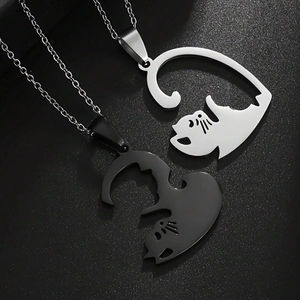 Colliers pendentifs chats emboîtables en acier inoxydable noir et argent pour couples