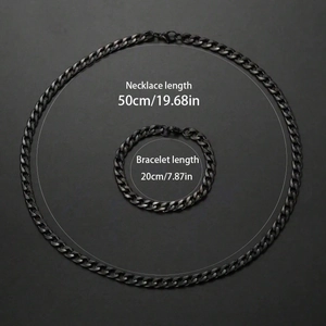 Set catena a cordolo in acciaio nero opaco con collana da 50 cm e bracciale da 20 cm