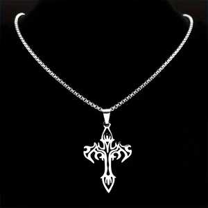 Punk style titanium steel flame hollow cross pendant necklace on a black background