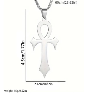 Silver Ankh cross pendant necklace detail with precise dimensions and weight specs