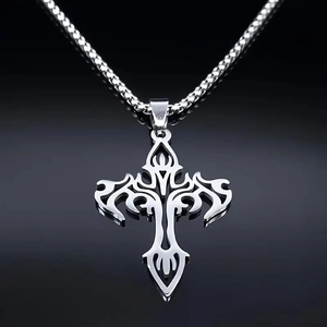 Gothic hollow cross pendant necklace in stainless steel with a punk flame design