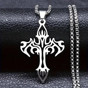 Gothic Stainless Steel Cross Pendant Necklace For Men Women Hollow Flame Pattern Punk Hip Hop Jewelry Silver Electroplated
